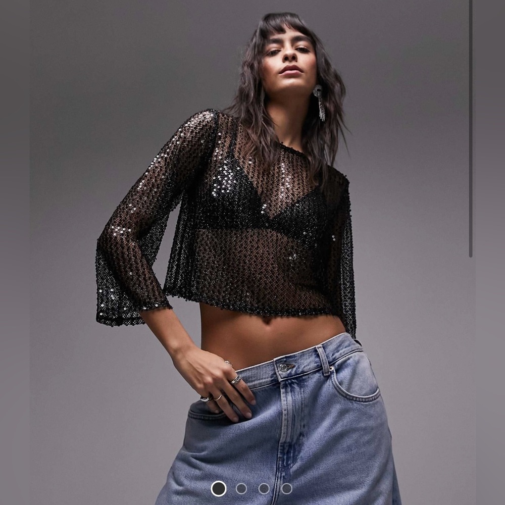 Topshop Sheer Sequin Long Sleeve Crop